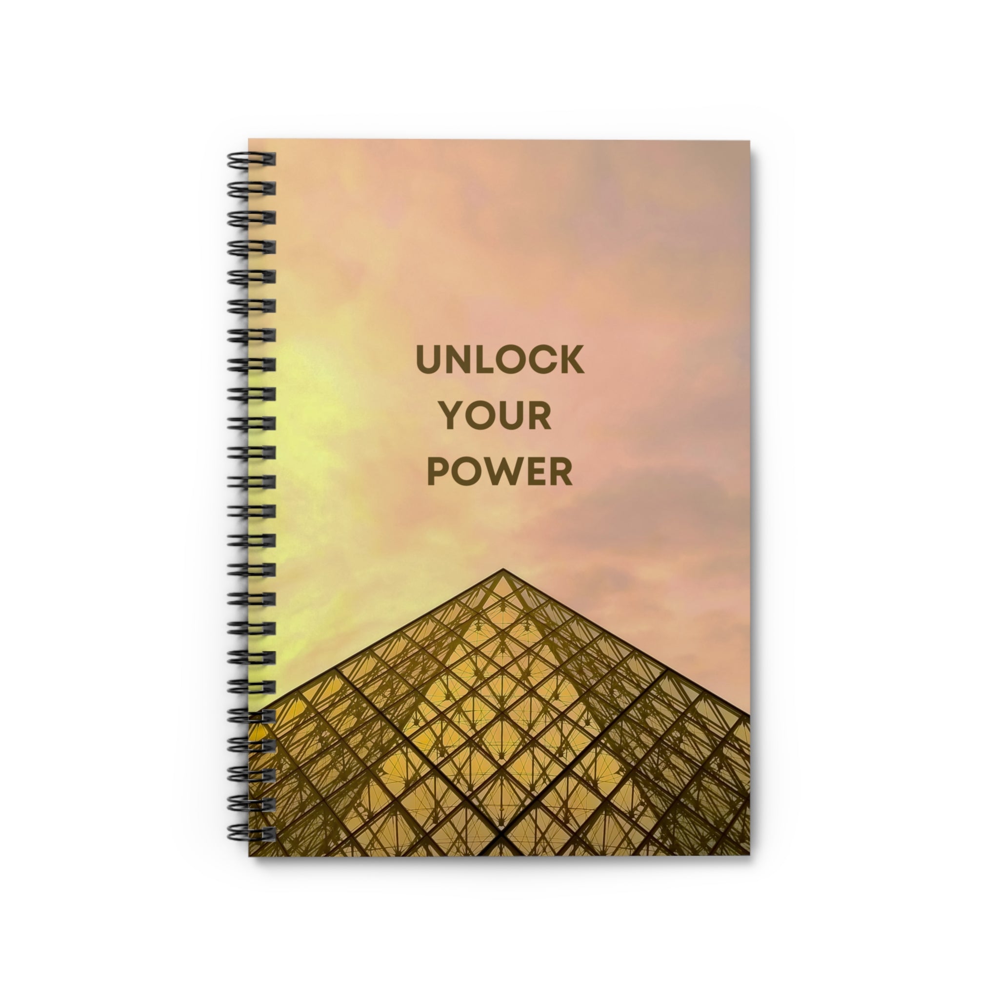 Liniertes Notizbuch – Entfessle deine Kraft – Pyramidenraster-Design (Sonnenuntergangsmotiv)