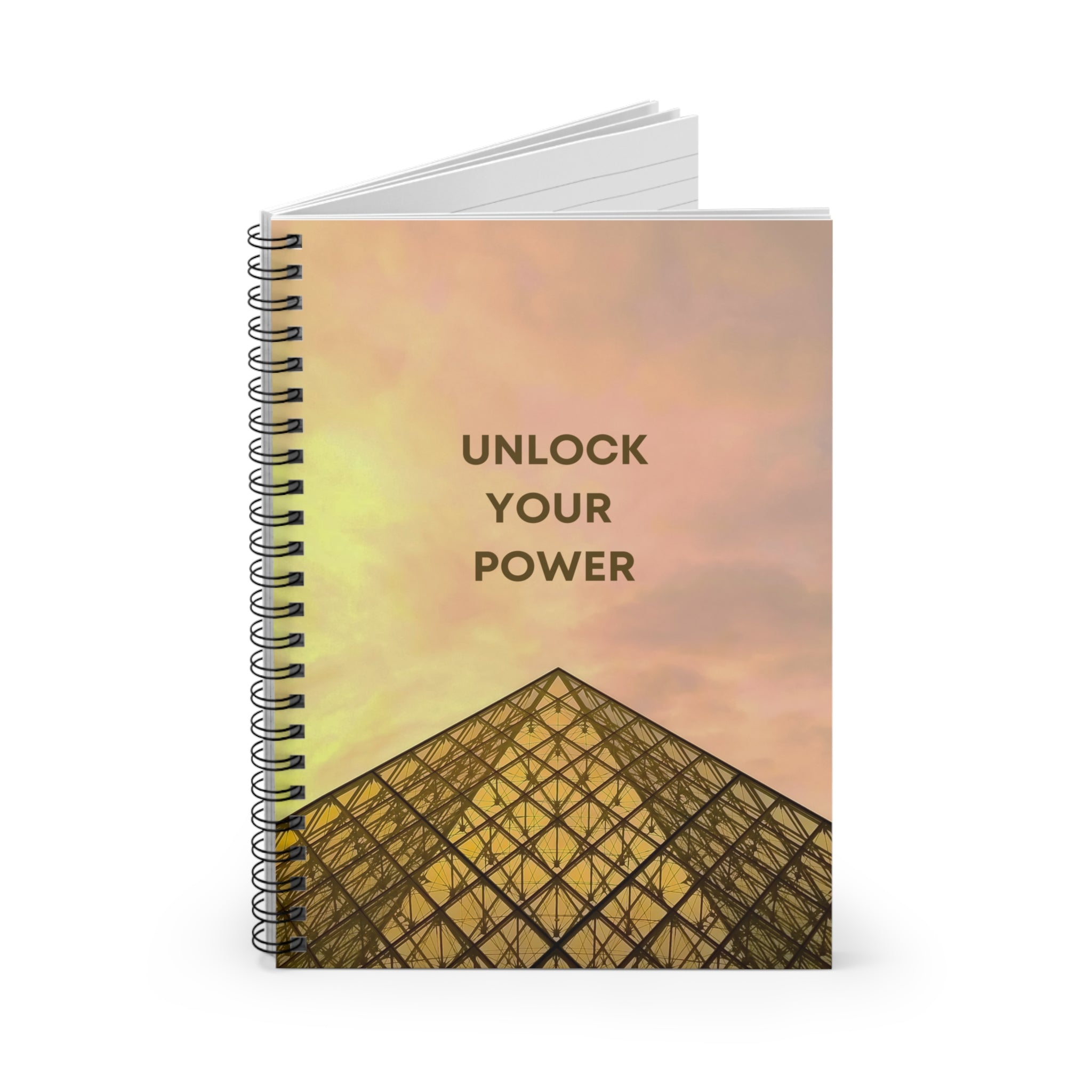 Liniertes Notizbuch – Entfessle deine Kraft – Pyramidenraster-Design (Sonnenuntergangsmotiv)